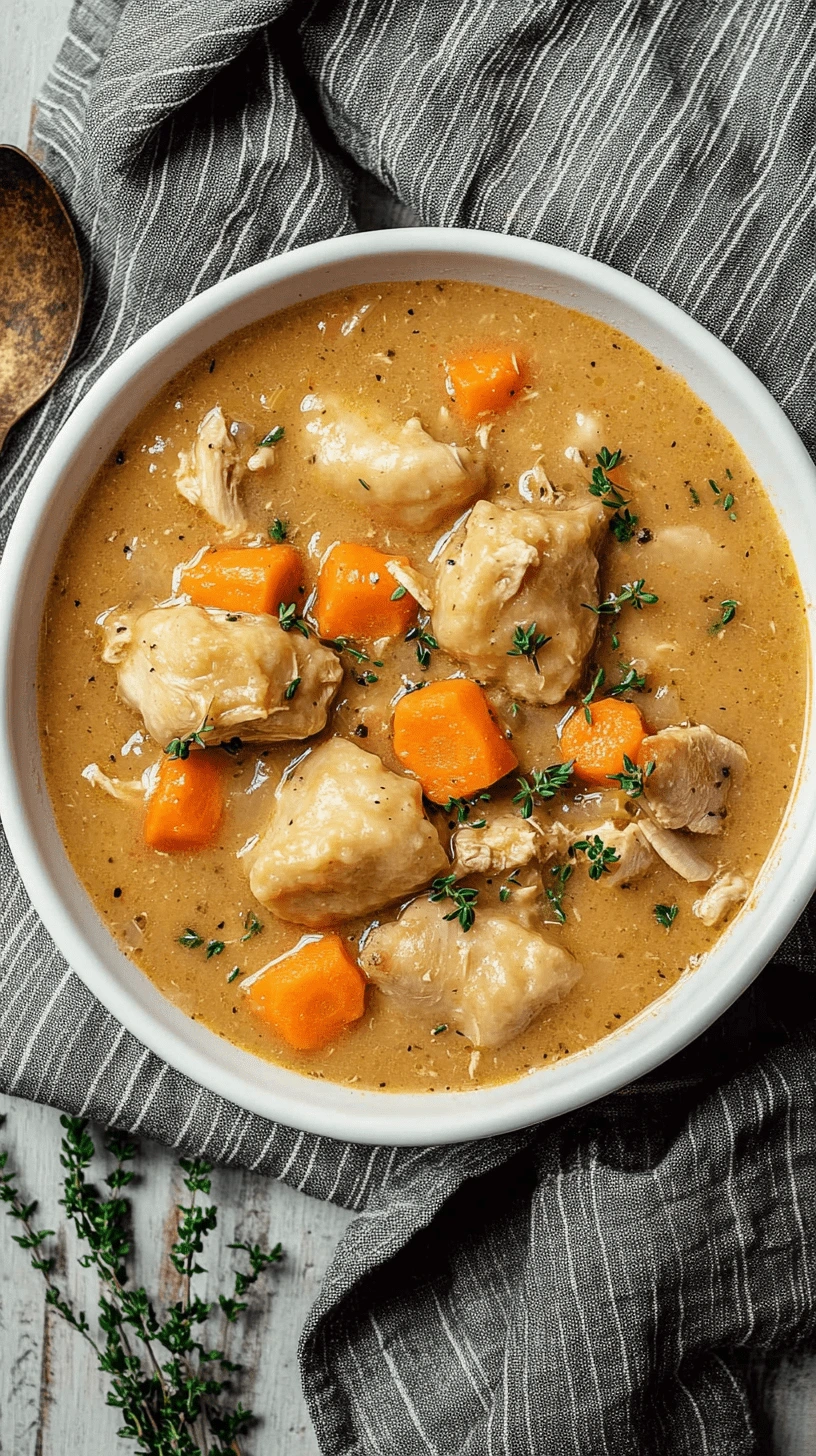 Bowl of gluten-free chicken and dumplings with carrots, herbs, and creamy broth
