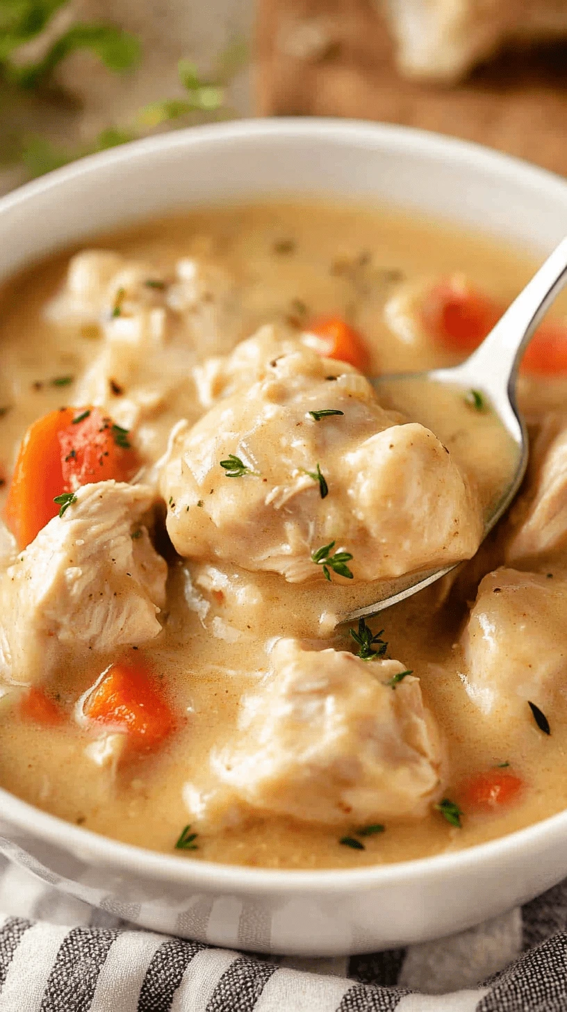 Spoonful of gluten-free chicken and dumplings with tender carrots in creamy broth