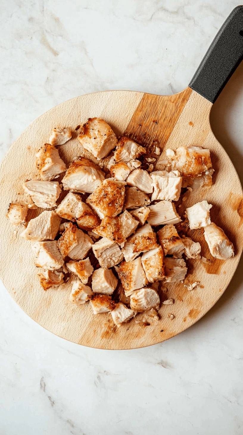 Cooked chicken breast chopped into bite-sized pieces on a wooden board