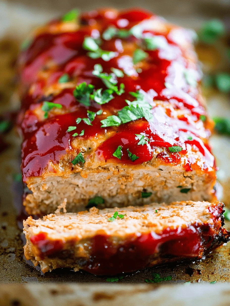 Sliced glazed turkey meatloaf topped with fresh parsley on a rustic baking sheet.