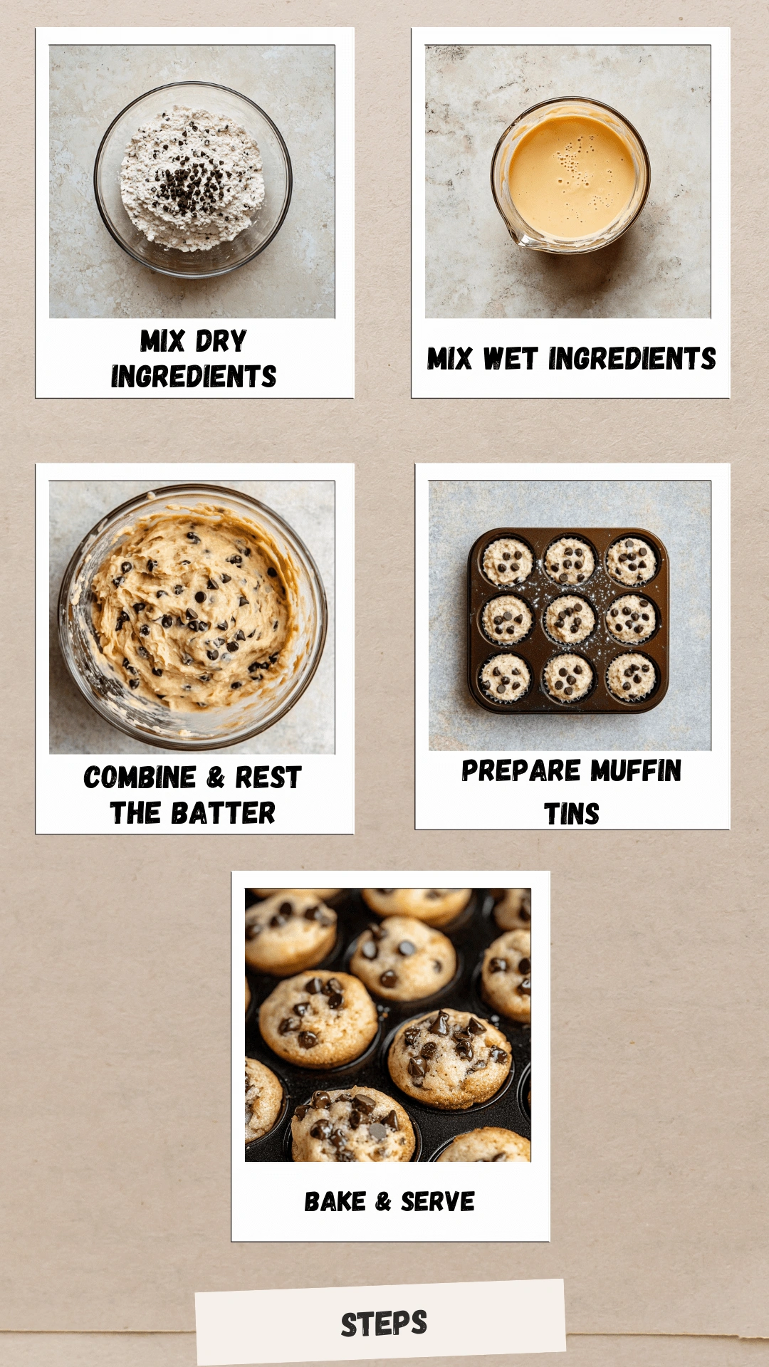 Step-by-step process collage for making mini chocolate chip muffins, including mixing dry ingredients, mixing wet ingredients, combining batter, filling muffin tins, and baking until golden brown.