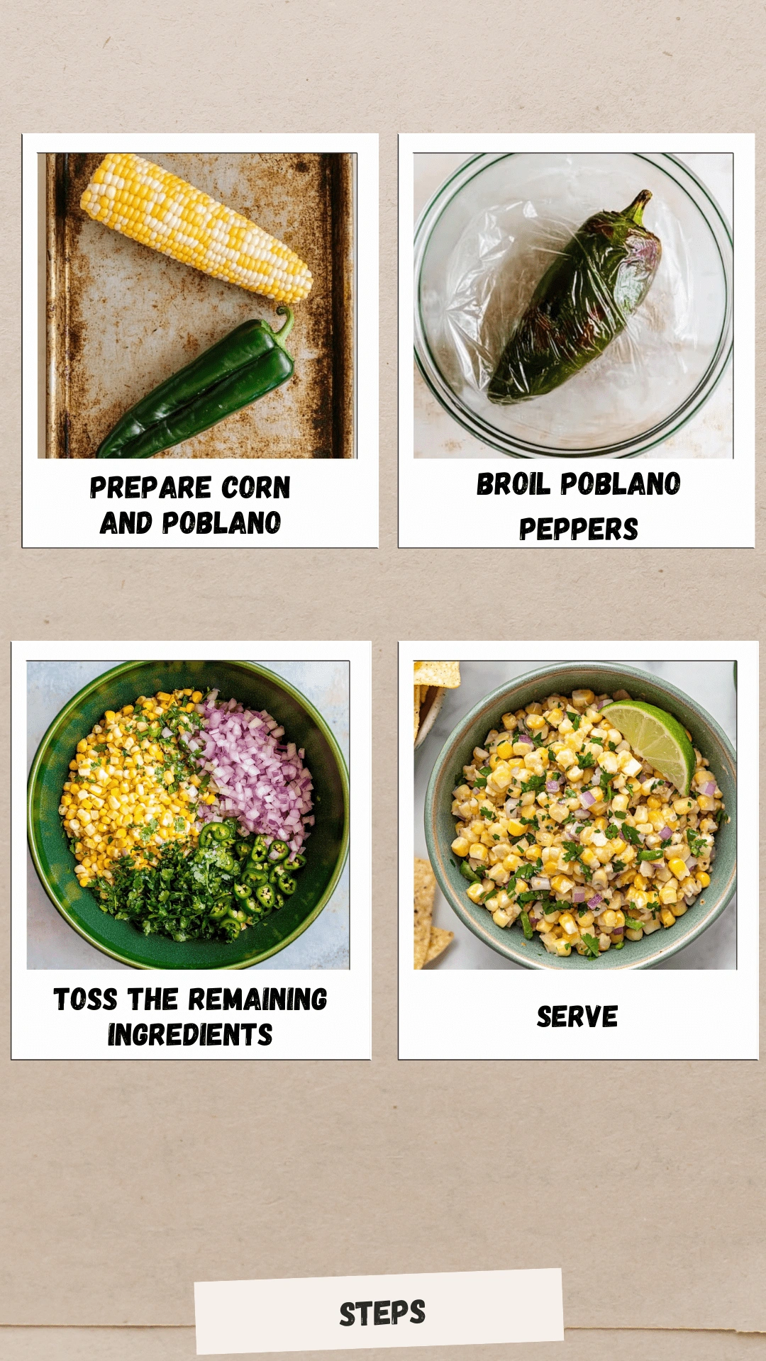 Step-by-step collage showing how to make roasted chili corn salsa: prepare corn and poblano, broil poblano peppers, toss remaining ingredients, and serve with lime.