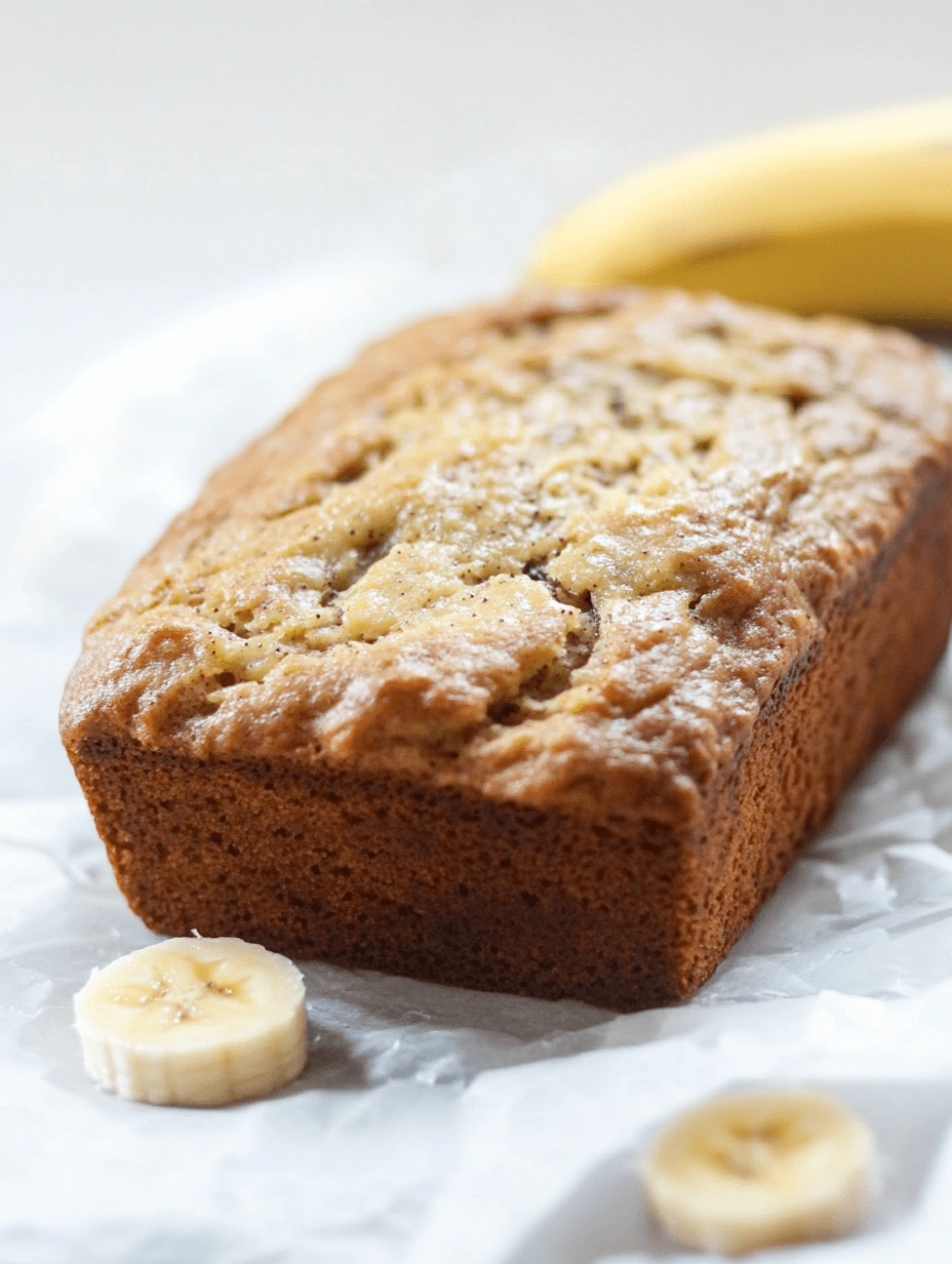 Golden-brown healthy banana cake loaf with a soft texture and banana slices on parchment paper