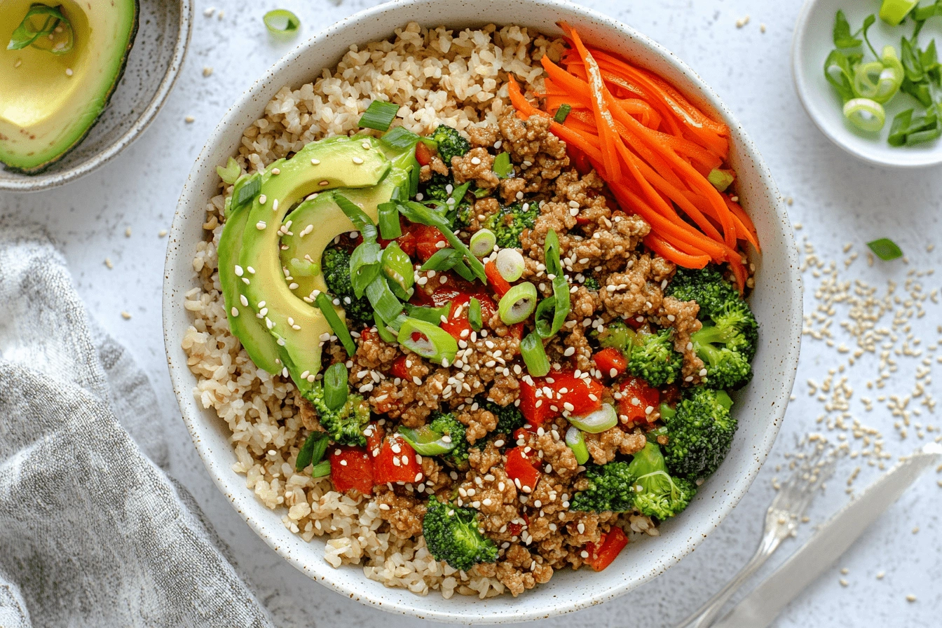 Overhead view of a Teriyaki Turkey Rice Bowl topped with avocado slices, shredded carrots, green onions, broccoli, and sesame seeds over brown rice.
