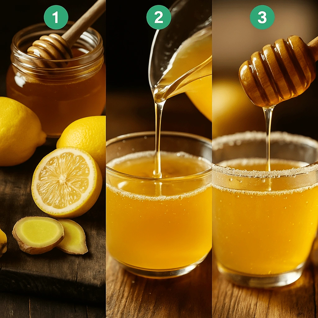4 Ingredient Mounjaro Recipe – Step-by-step process showing lemon, ginger, and honey being mixed into a detox drink