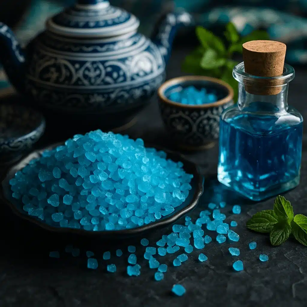 A vibrant electric-blue mocktail with cucumber and mint garnish, served over ice in a tall glass on a granite counter.
