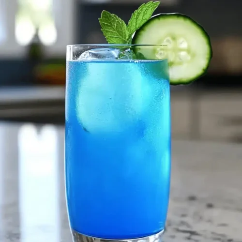 A bright, fizzy blue beverage with granulated salt crystals and a clear jar on a granite surface.