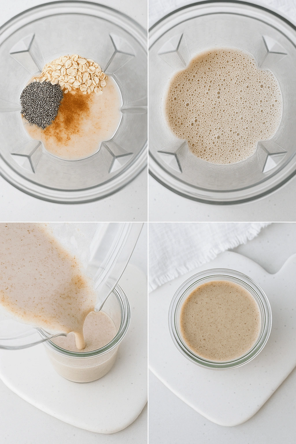 Step-by-step preparation of blended overnight oats showing ingredients in blender, blending process, pouring into jar, and final mixture