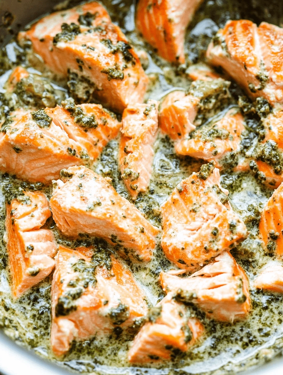 Close-up of flaky salmon chunks simmering in a creamy pesto sauce inside a skillet, showing rich texture and detail.