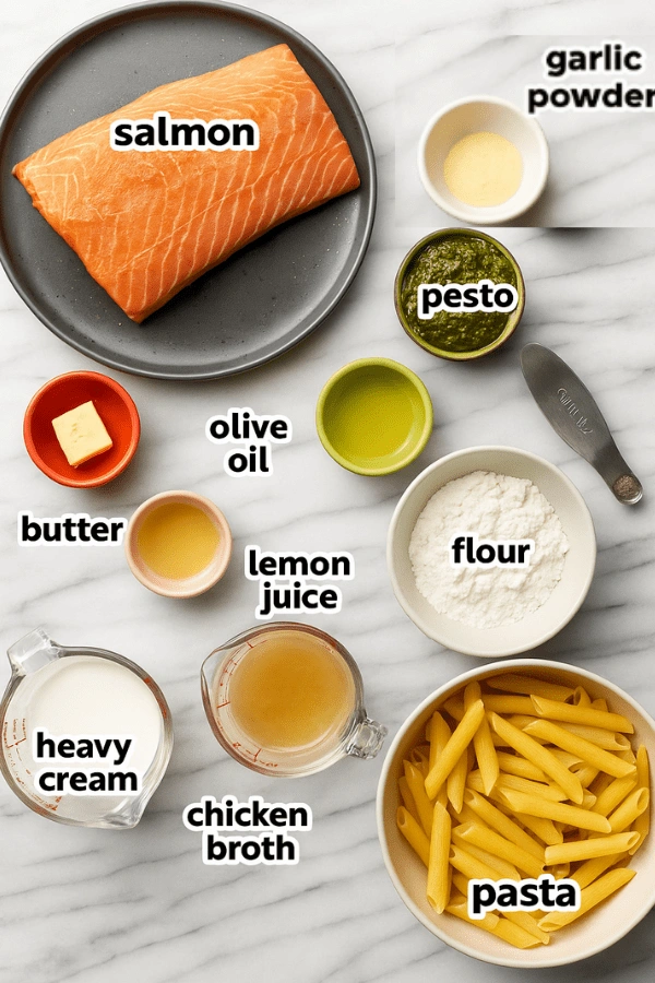 Top-down image showing labeled ingredients for creamy pesto salmon pasta, including salmon, garlic powder, pesto, pasta, heavy cream, and more on a marble background.