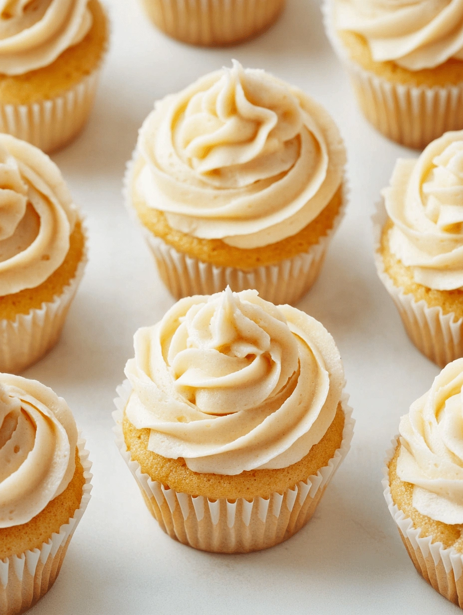 Top-down view of gluten-free cupcakes with piped vanilla frosting in white cupcake liners on a light background.