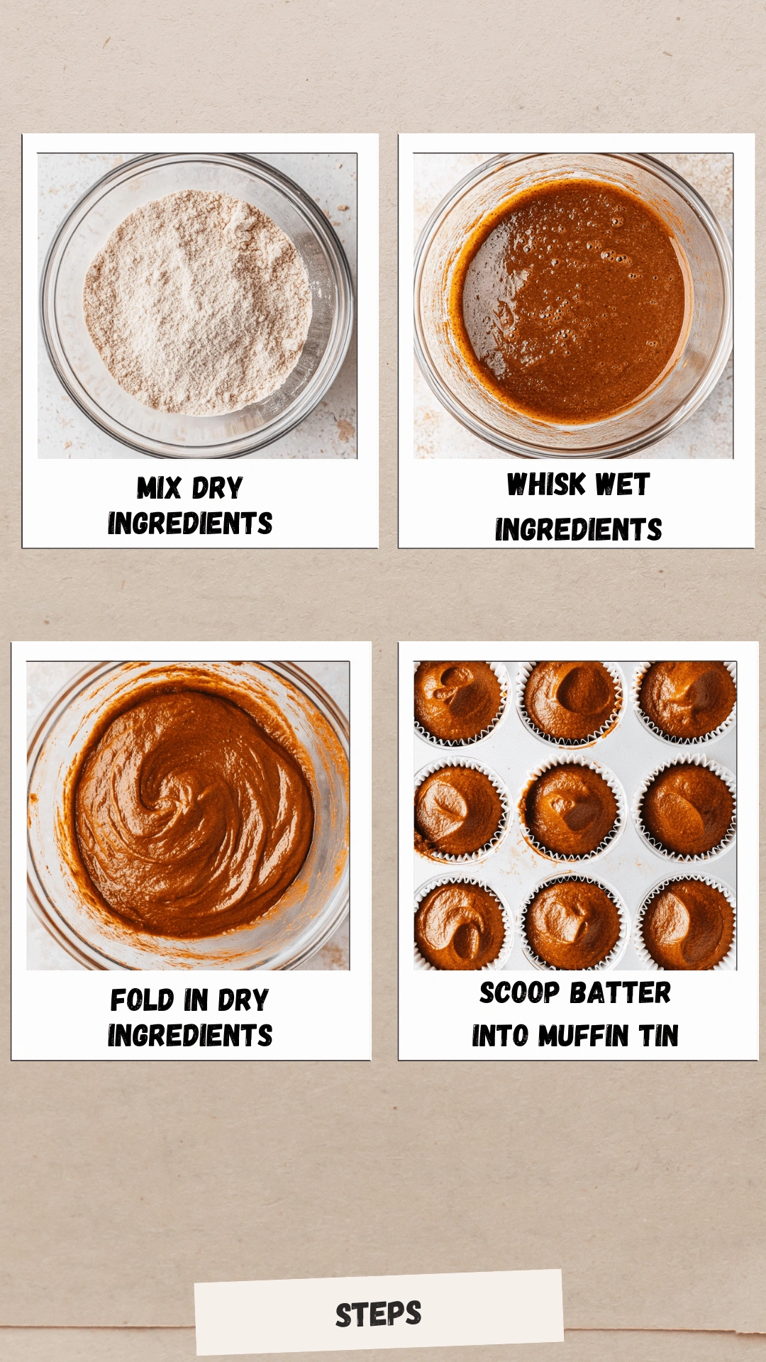 Step-by-step collage showing the process of making gluten-free pumpkin muffins, from mixing dry and wet ingredients to folding and filling muffin tins.