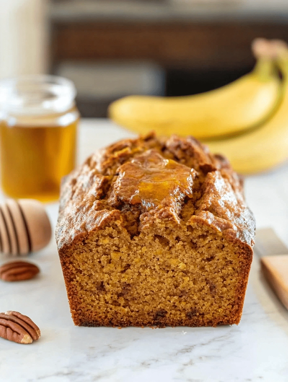 Healthy pumpkin banana bread loaf sliced open to reveal a soft, golden interior, with honey drizzled on top, and bananas and pecans in the background on a marble surface.