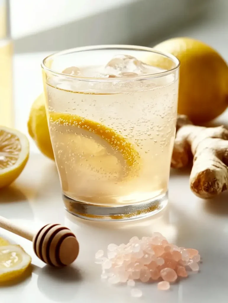 Glass of pink salt and apple cider vinegar for weight loss drink with lemon and ginger