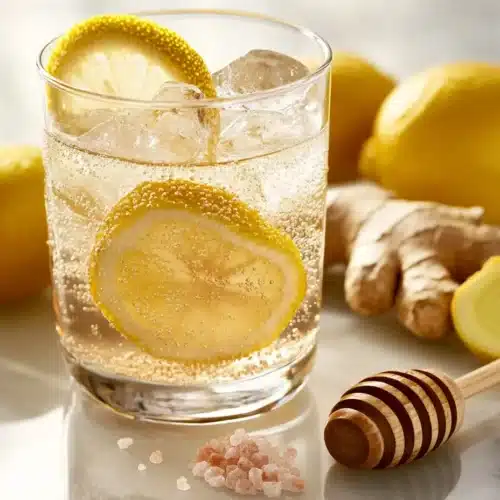 Glass of pink salt drink on kitchen table
