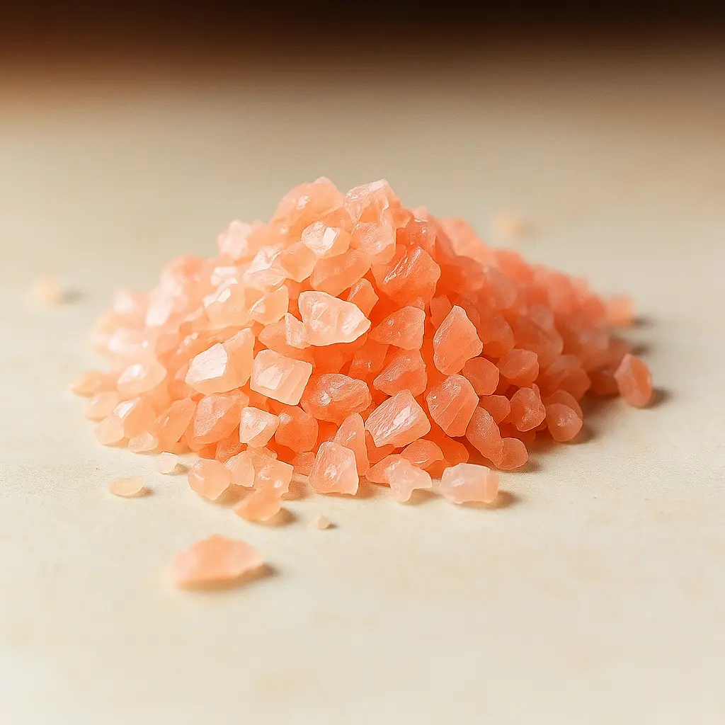 Pile of pink Himalayan salt crystals on a smooth surface