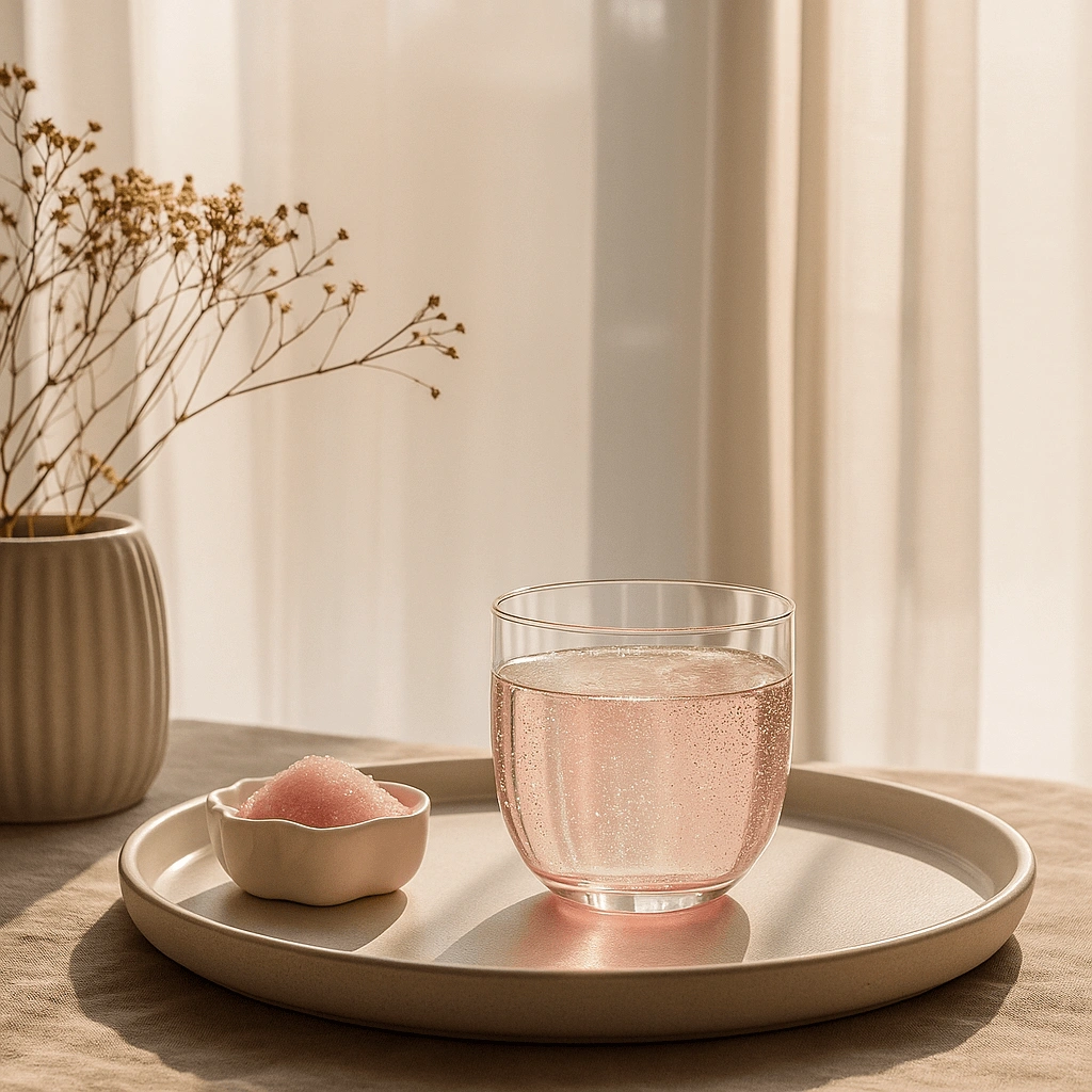Glass of pink mineral drink and pink salt in a bowl on a tray, representing the Pink Salt Trick Recipe