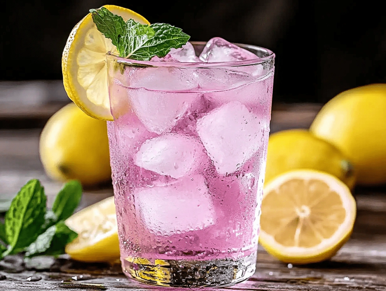Glass of pink salt trick recipe drink with ice, lemon slice, and mint on rustic surface