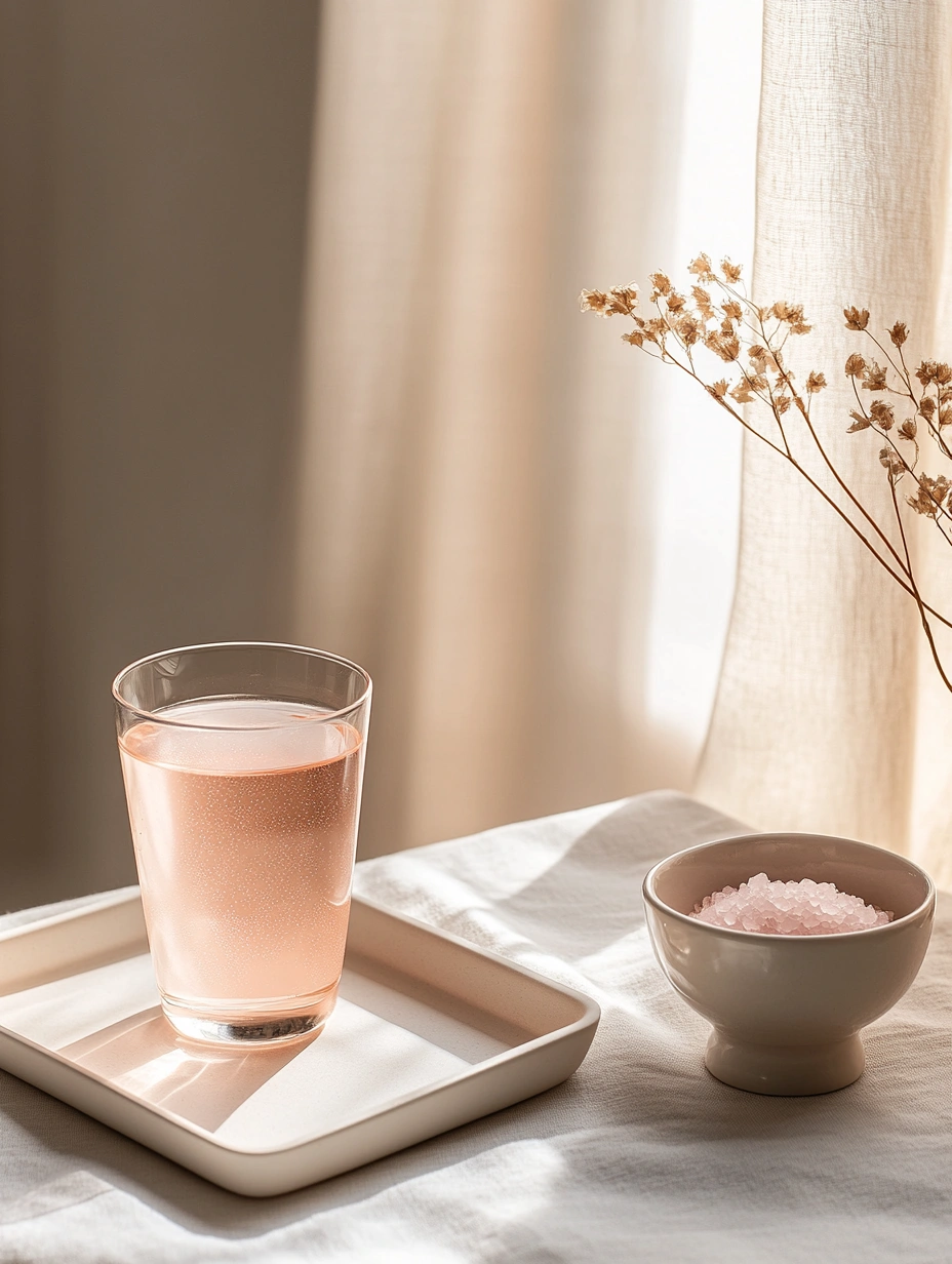 Minimalist setup of pink salt trick recipe drink with Himalayan salt bowl and soft curtains in Scandinavian style