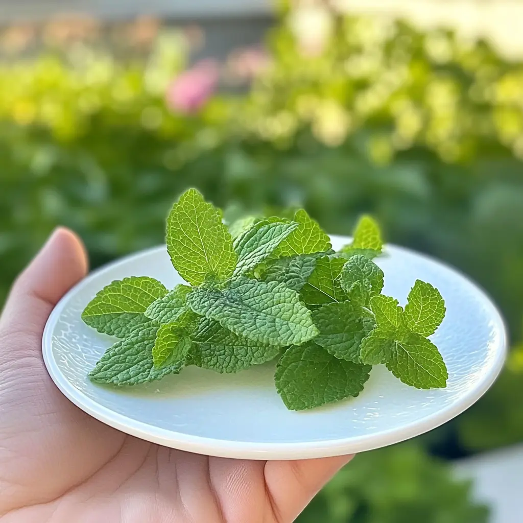 A hand holding a white plate with fresh lemon balm leaves outdoors, always showcasing Lemon Balm for Weight Loss.