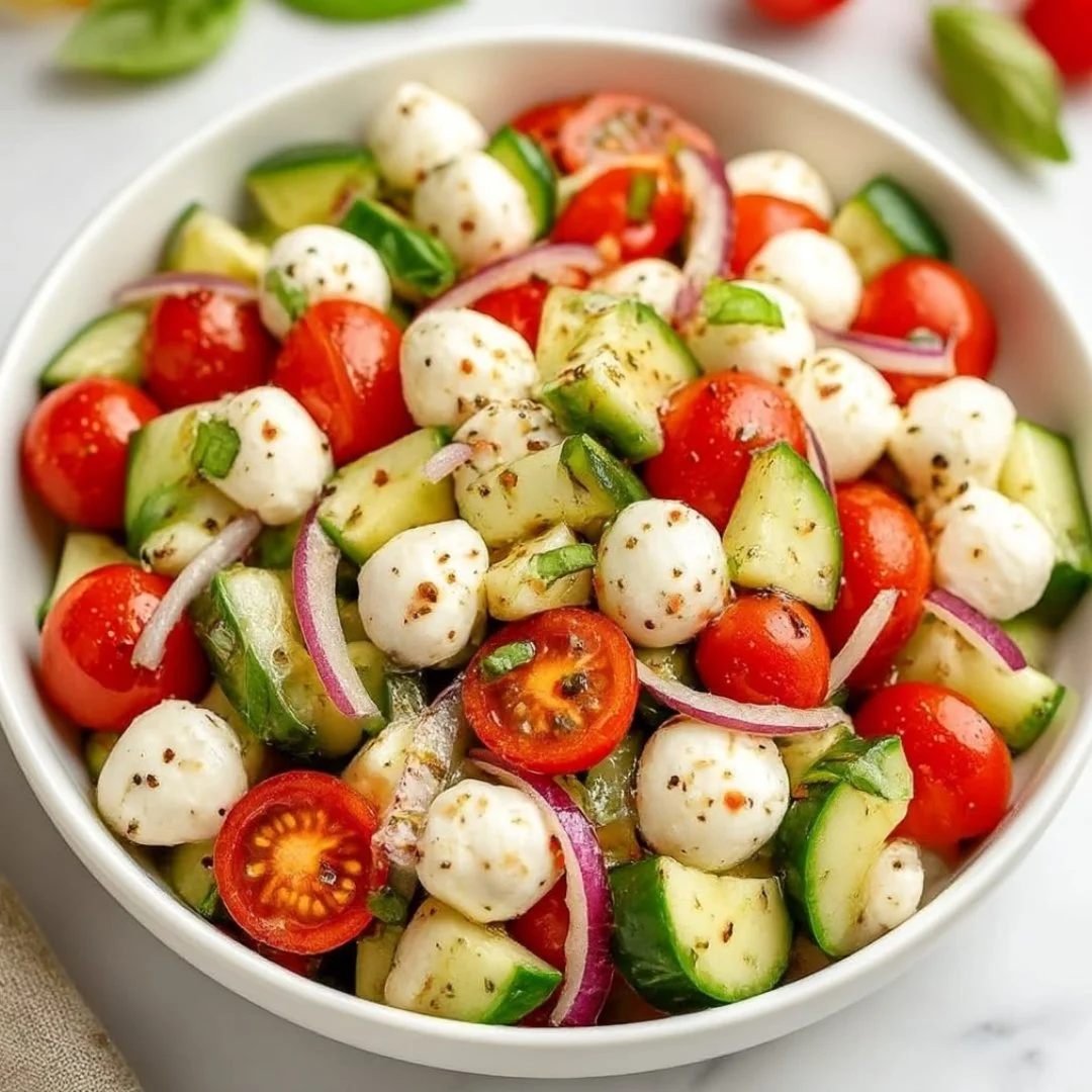 Juicy Cucumber Caprese Salad with fresh tomatoes, basil, and mozzarella