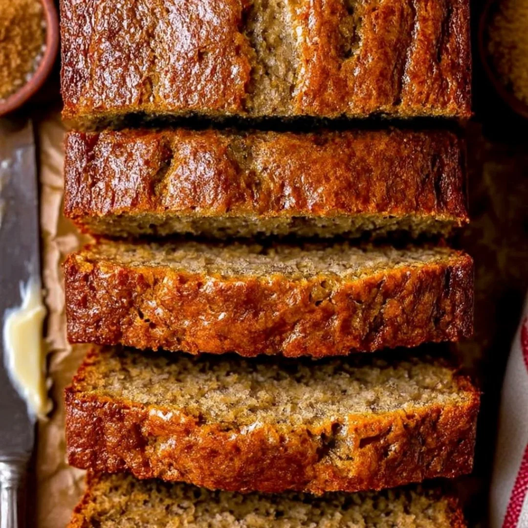 Loaf of moist banana bread sliced and served on a wooden board