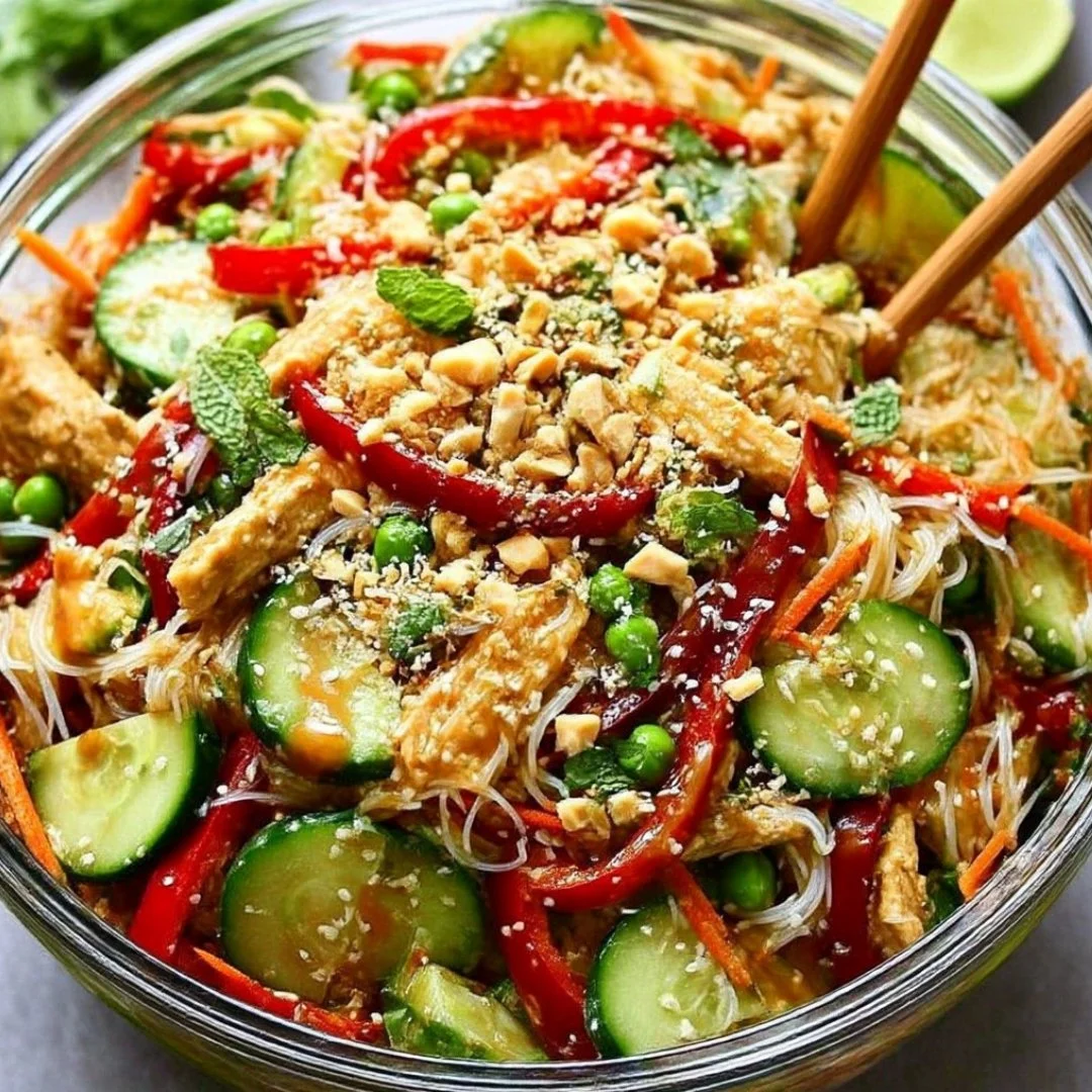 Colorful spring roll salad with spicy ginger dressing in a bowl