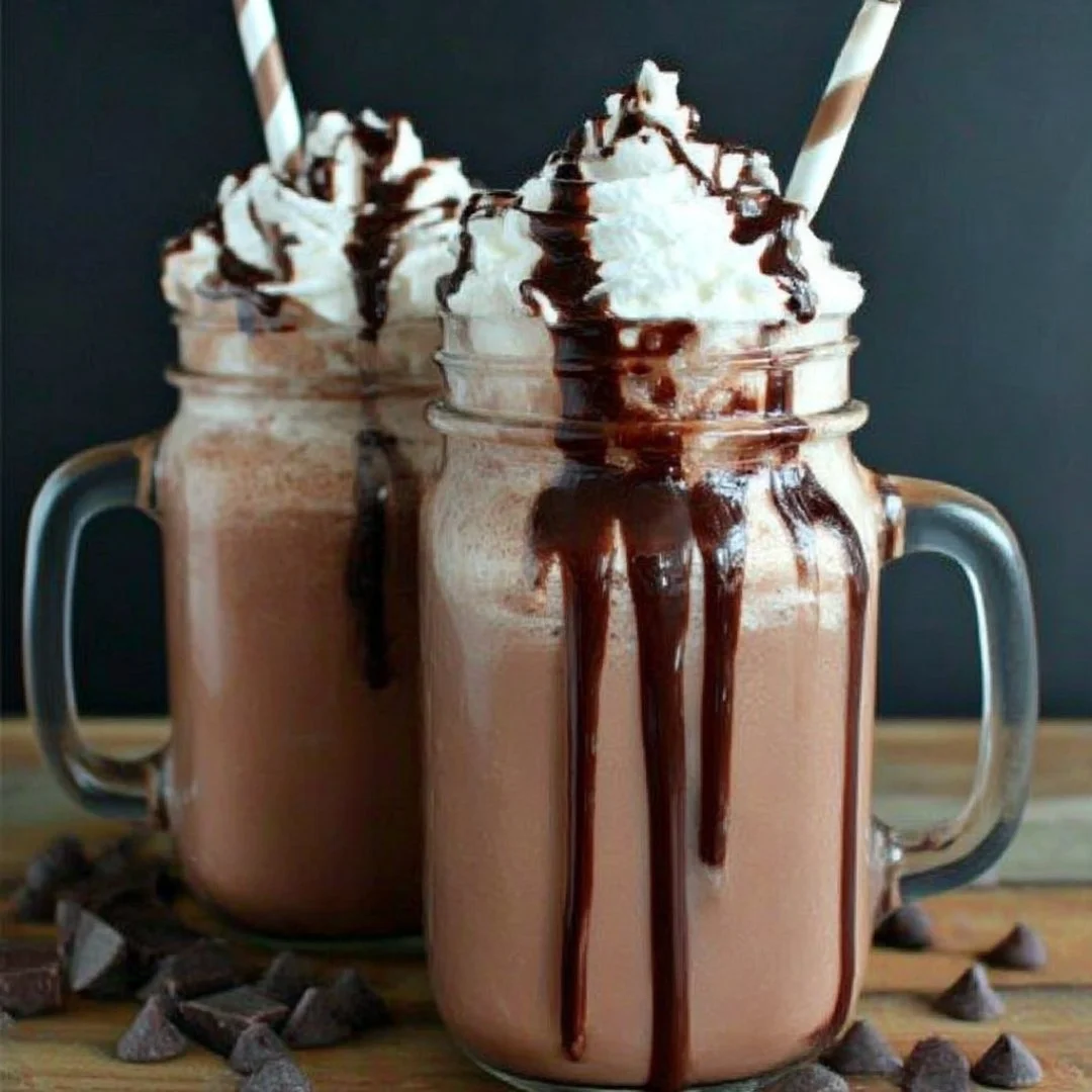 Delicious frozen hot chocolate topped with whipped cream and chocolate shavings