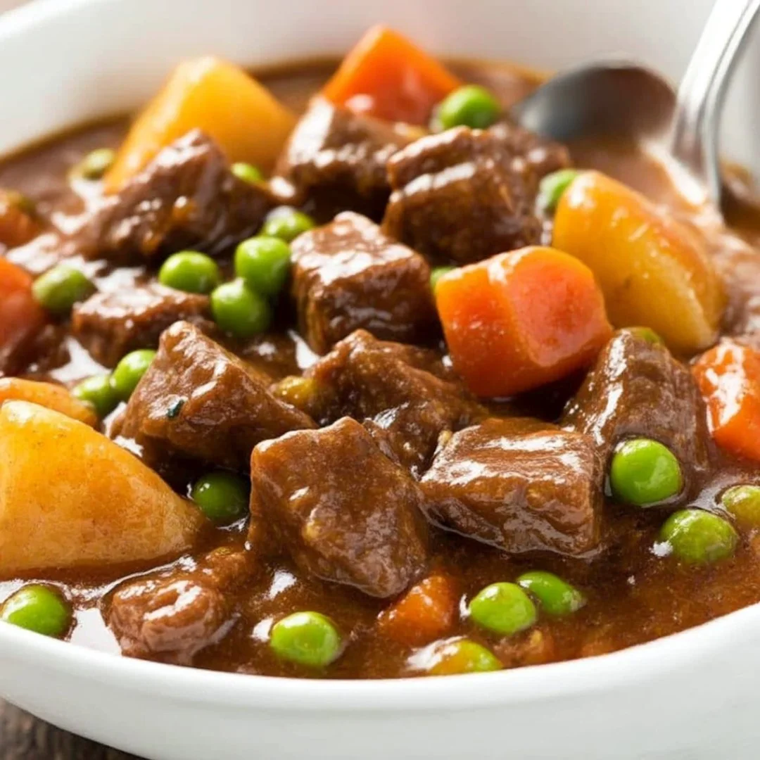Delicious slow cooker beef stew simmering with vegetables and spices