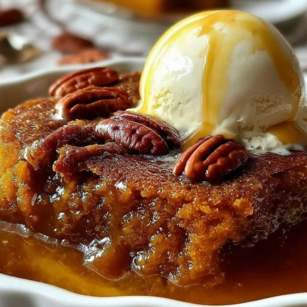 Delicious Cinnamon Pumpkin Pecan Cobbler topped with pecans and spices.