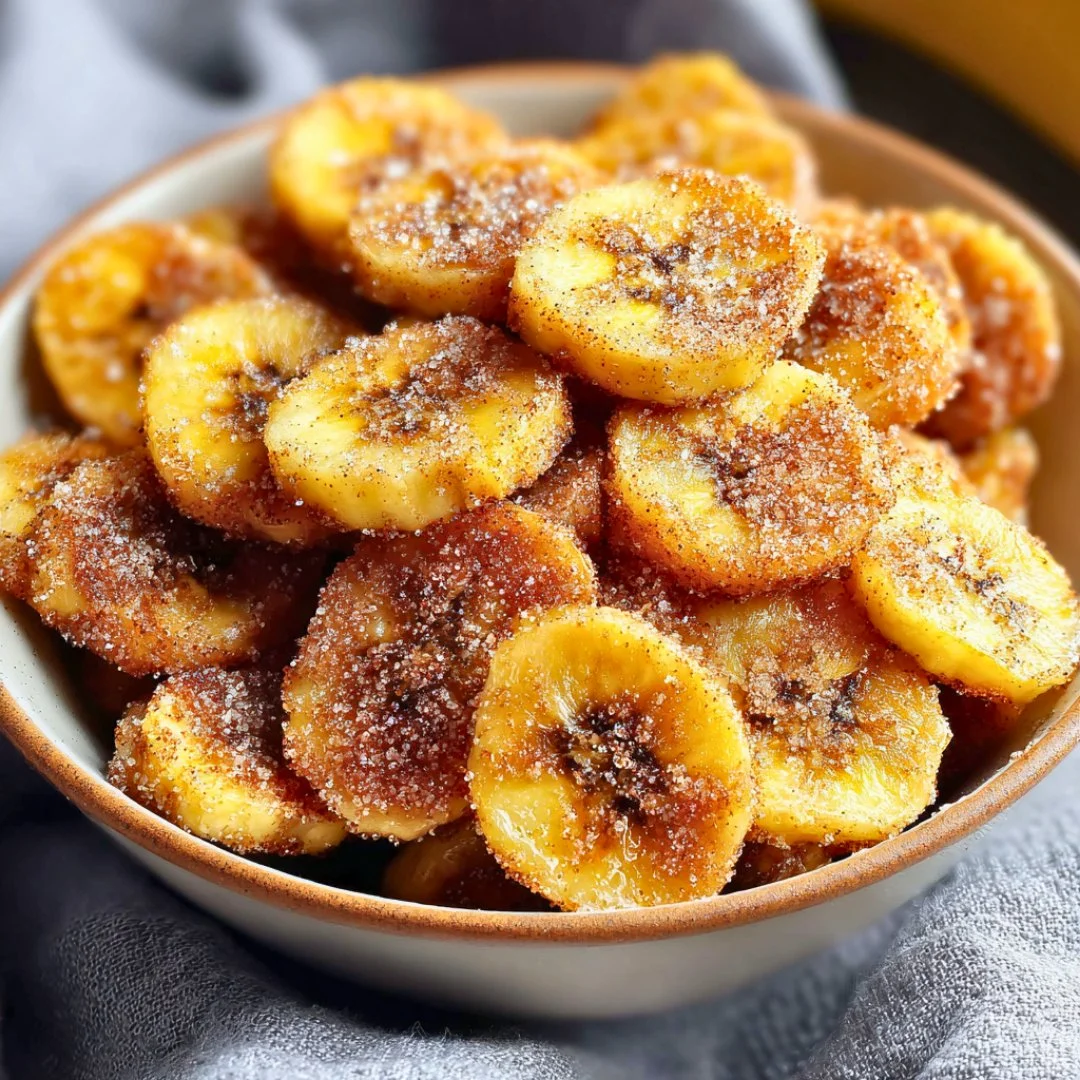 Cinnamon sugar air fryer banana chips in a bowl