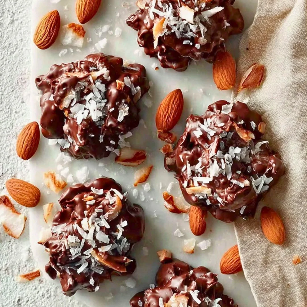 Classic dark chocolate coconut almond clusters on a plate