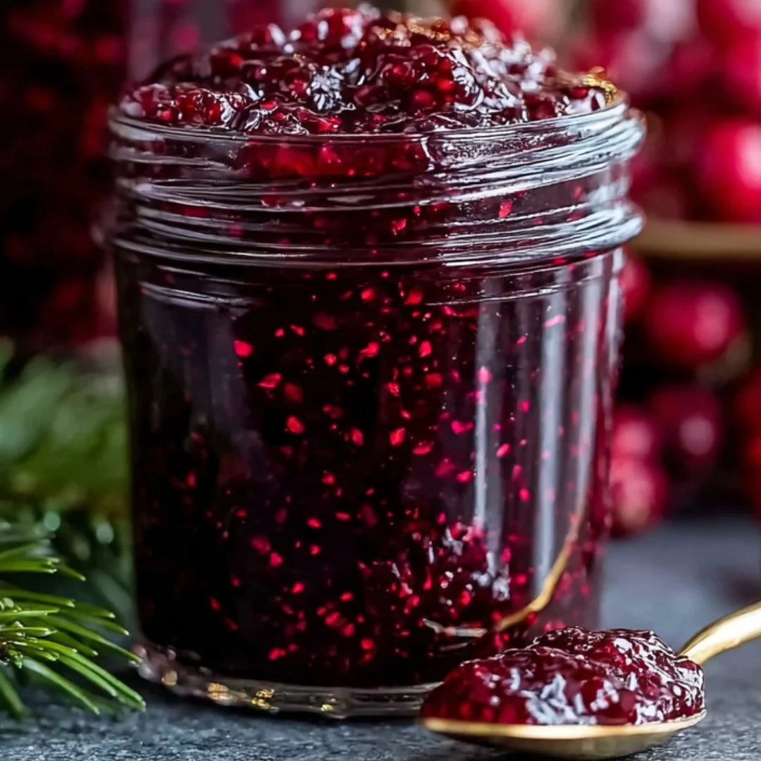 Homemade Christmas jam in a jar with festive decorations