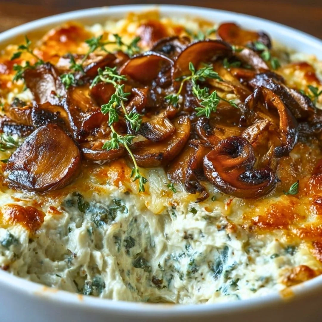 Delicious stuffed mushroom dip served in a bowl, perfect for appetizers.