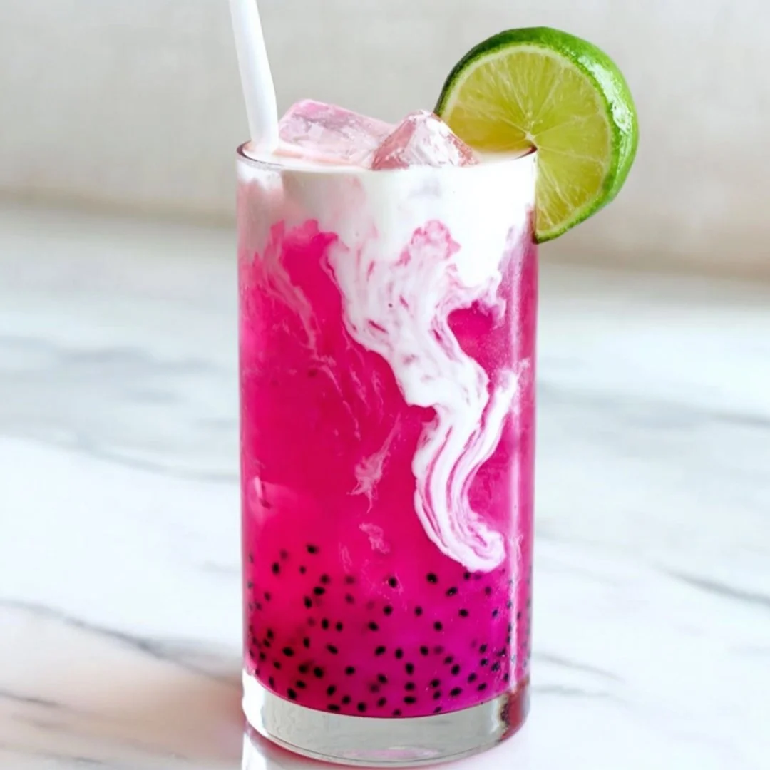 A vibrant Dragonfruit Dream Dirty Soda in a glass with ice and fruit garnish.
