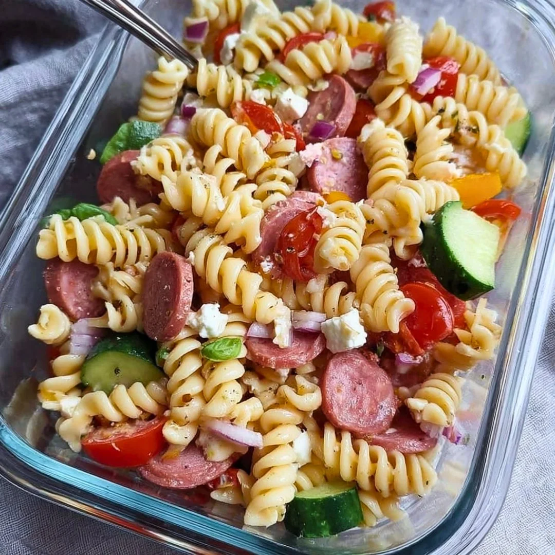 High Protein Italian Pasta Salad with fresh vegetables and Italian dressing