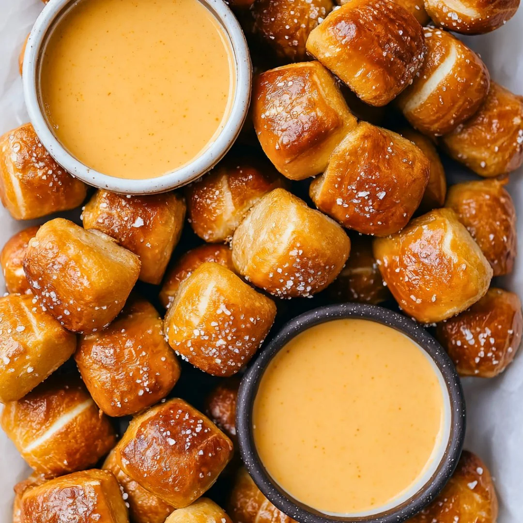 Freshly baked pretzel bites served with dipping sauces
