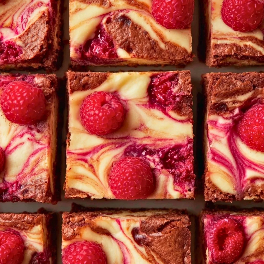Raspberry Cheesecake Brownies with cheesecake swirl on fudgy base