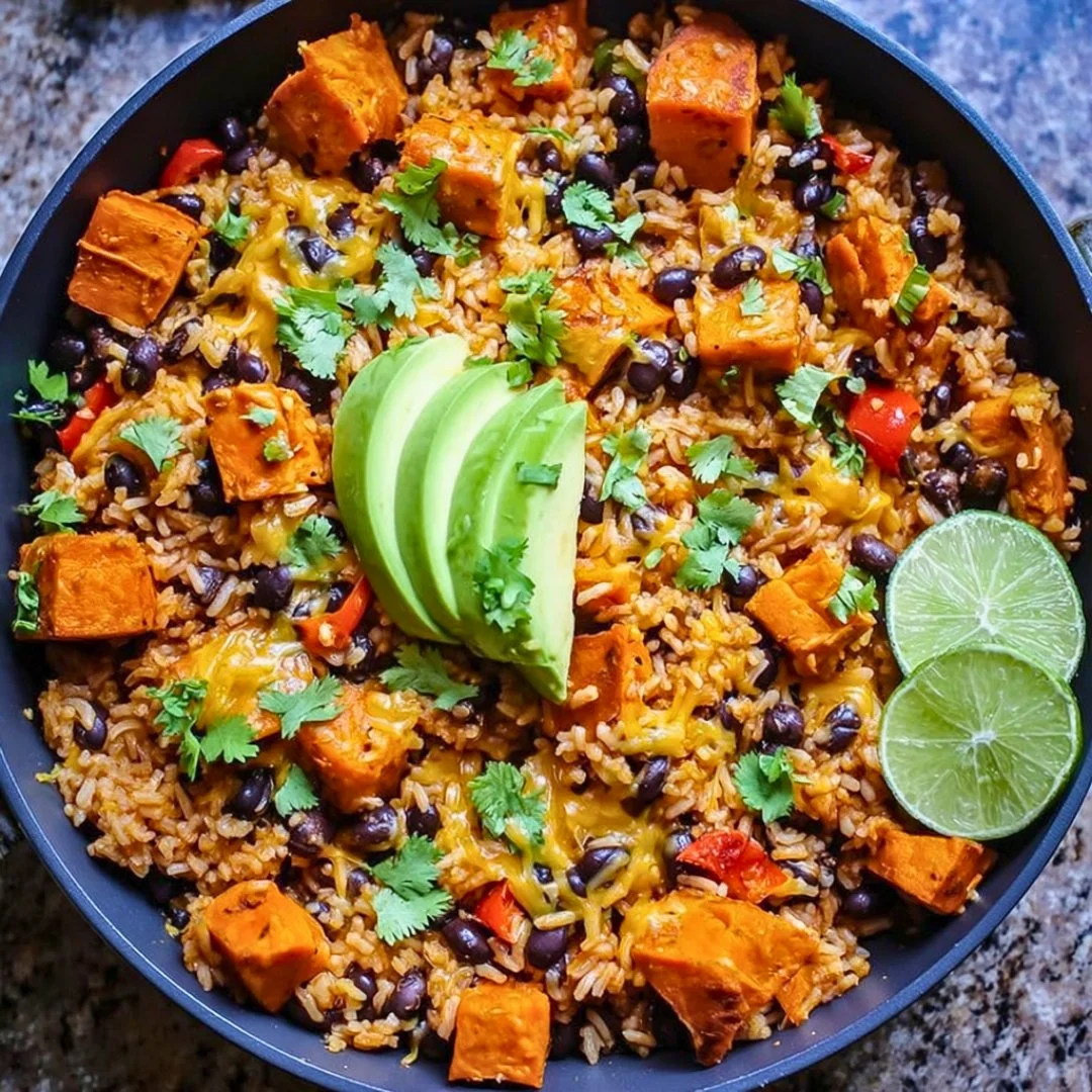 Southwest sweet potato, black bean, and rice skillet meal served in a pan