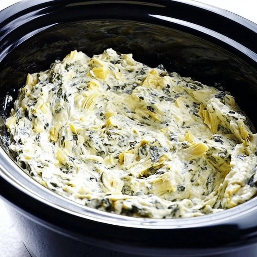 Creamy slow cooker spinach artichoke dip served with tortilla chips