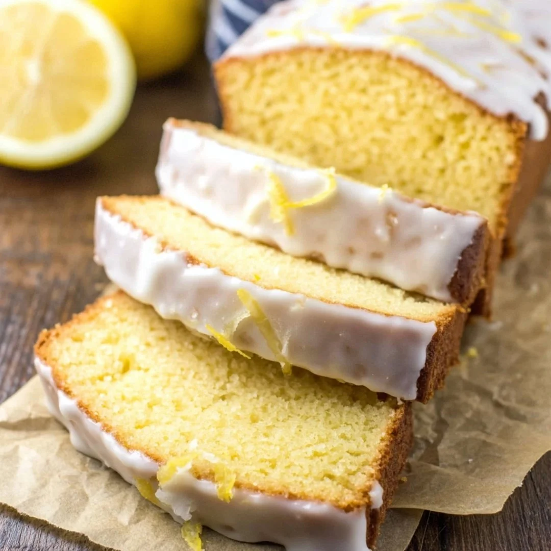 A slice of Starbucks copycat lemon loaf on a plate with a lemon garnish