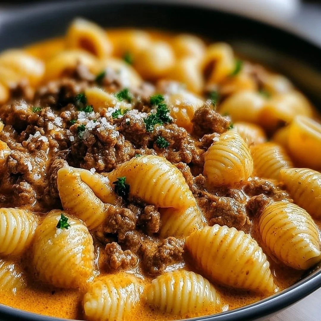 Creamy beef and shells dish garnished with herbs