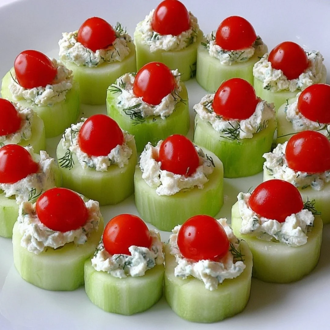 Delicious cucumber bites appetizers ready to serve on a platter.