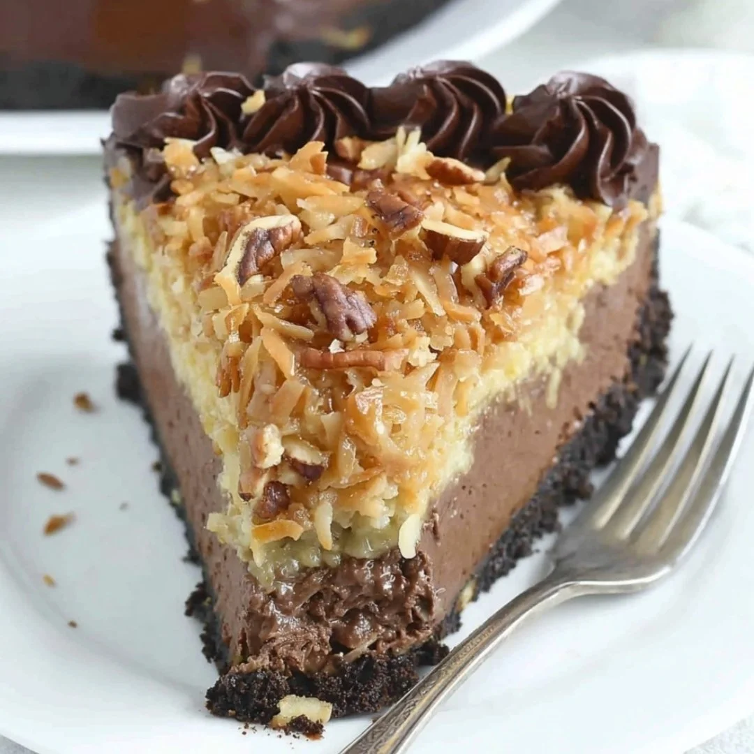 Slice of German Chocolate Cheesecake topped with coconut and pecan frosting.
