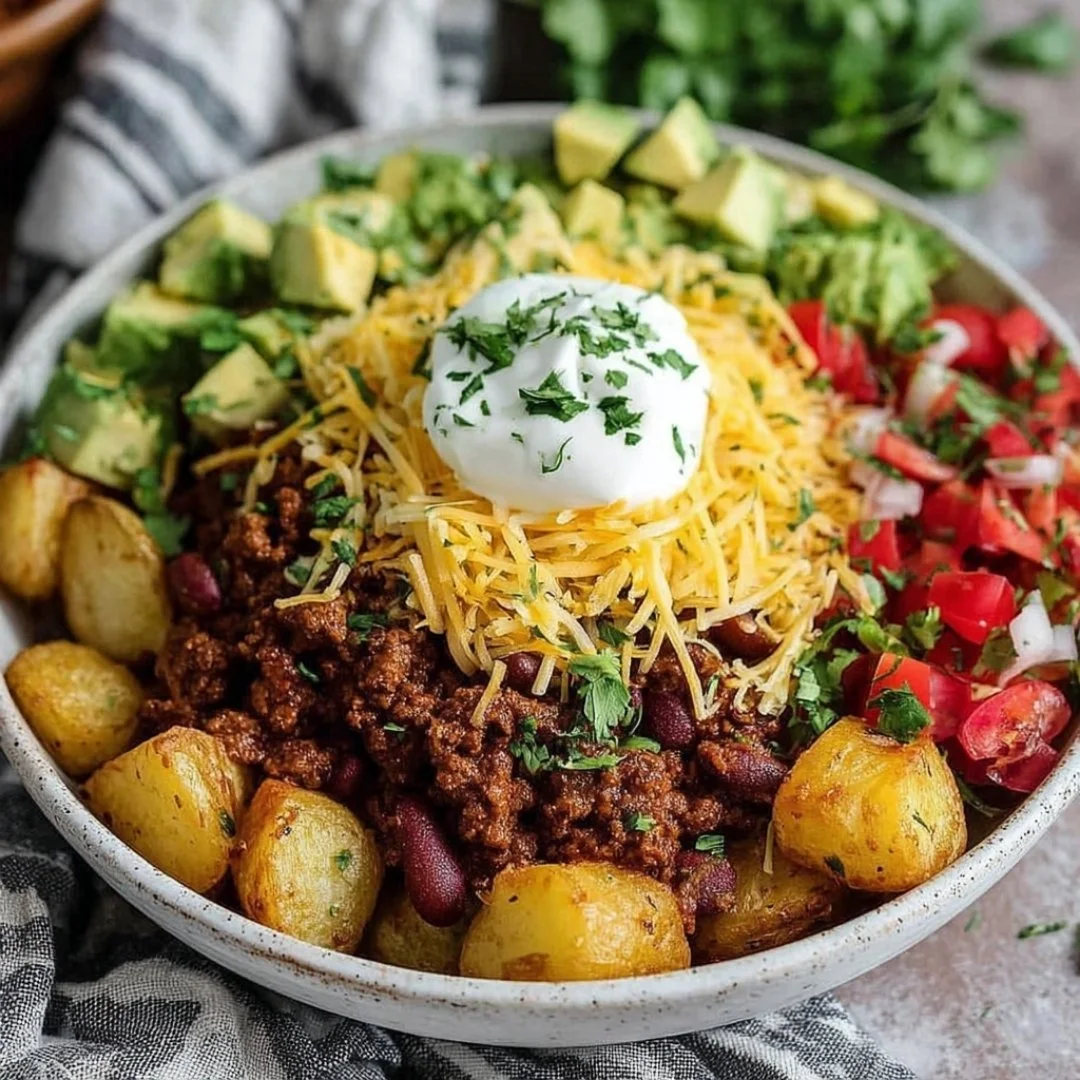 Delicious loaded potato taco bowl topped with fresh ingredients and spices.