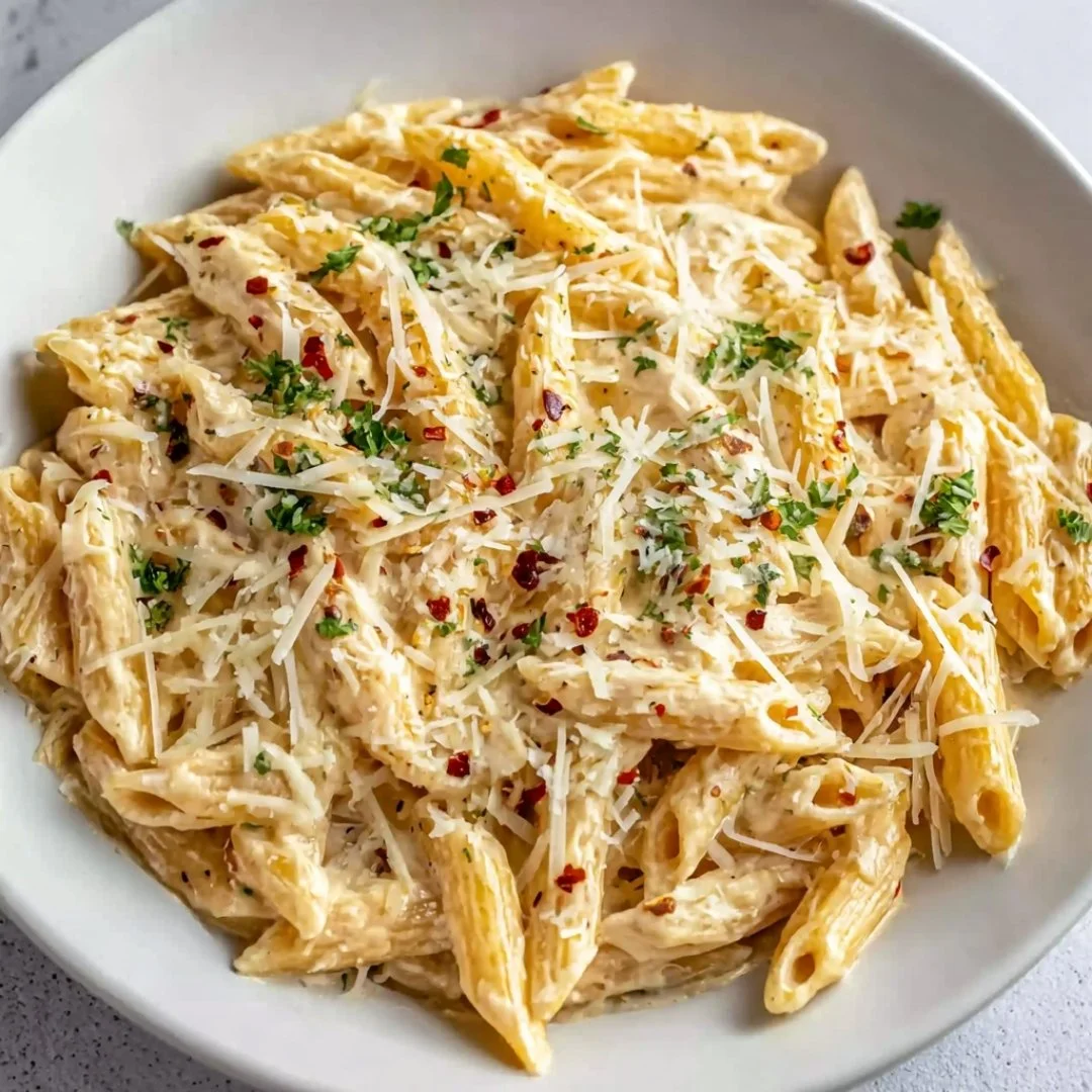 Delicious one pot creamy garlic pasta served in a bowl with garlic bread and herbs