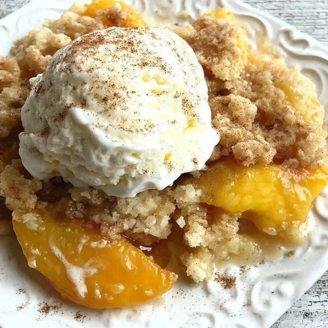 Delicious Peach Dump Cake with fresh peaches and cake mix