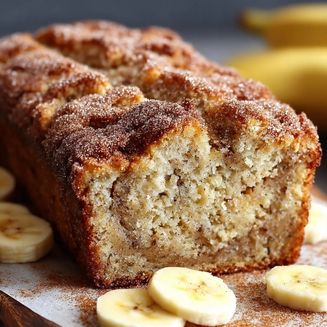 Delicious slice of Snickerdoodle Banana Bread topped with cinnamon sugar