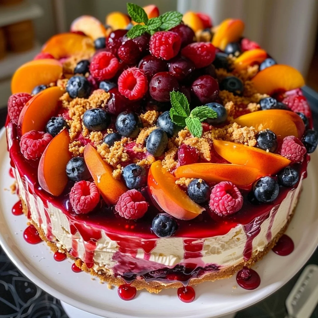 Slice of summer berry and peach cheesecake topped with fresh berries