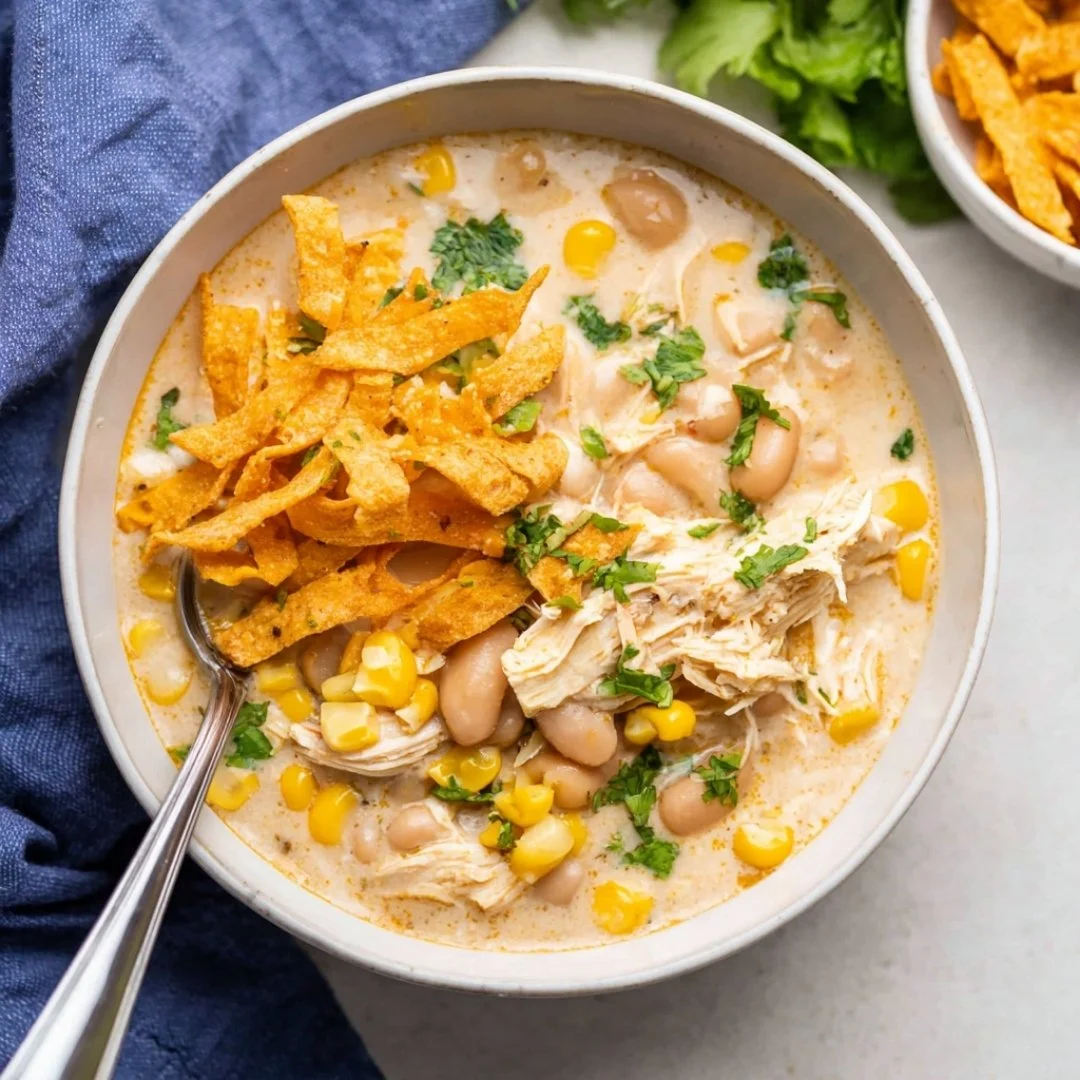 Delicious bowl of white chicken chili with toppings like cheese and cilantro
